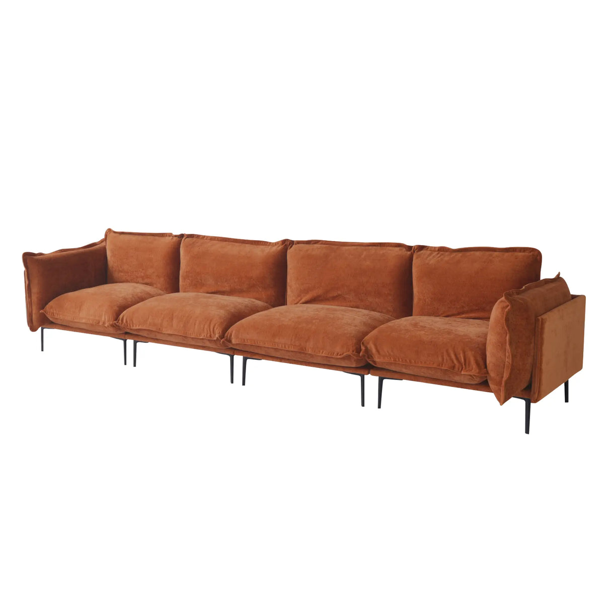 Deluxe Cloud 4-Seater Orange Modular Couch Sectional | 4-Piece, Velvet Fabric, Roomy Layout