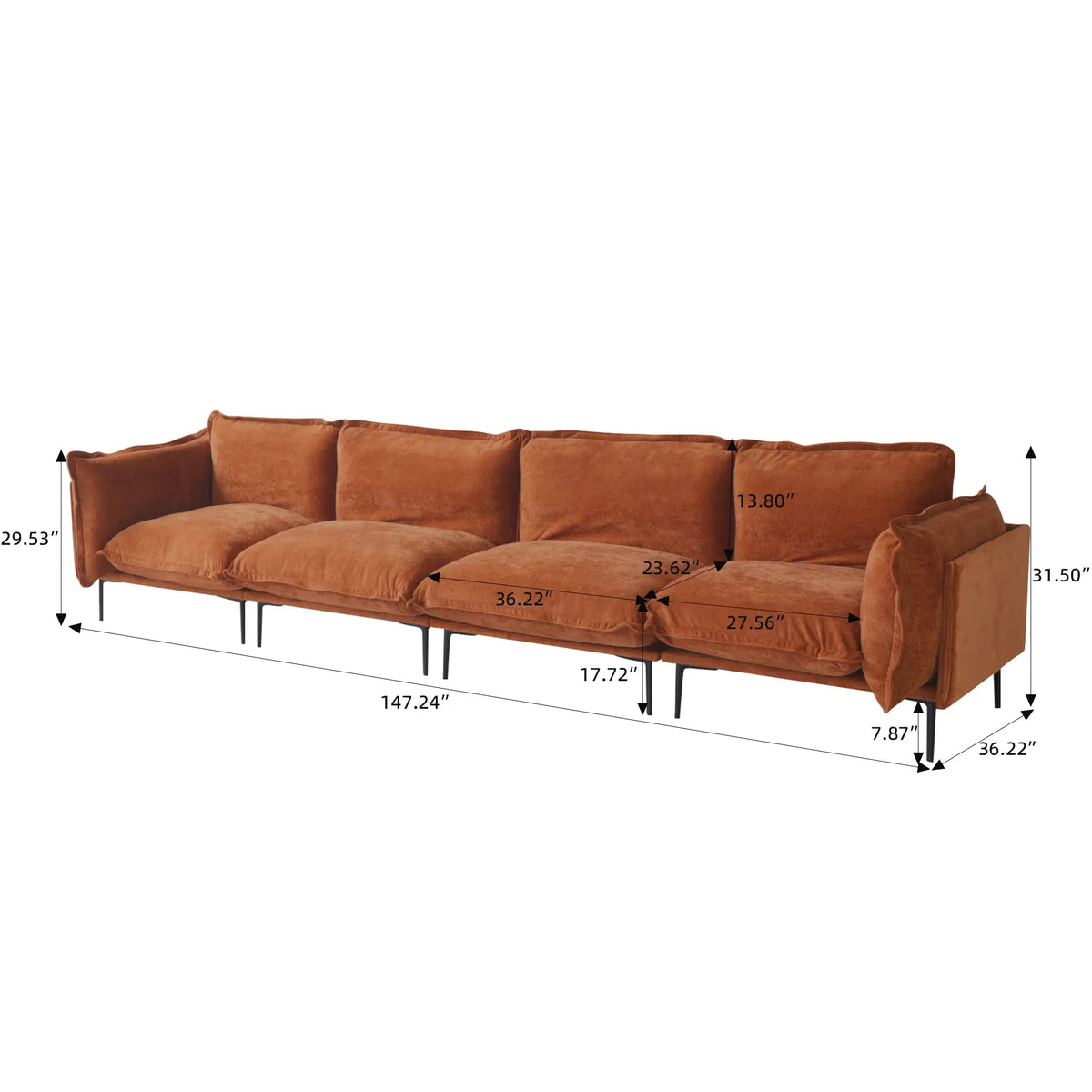 Deluxe Cloud 4-Seater Orange Modular Couch Sectional | 4-Piece, Velvet Fabric, Roomy Layout