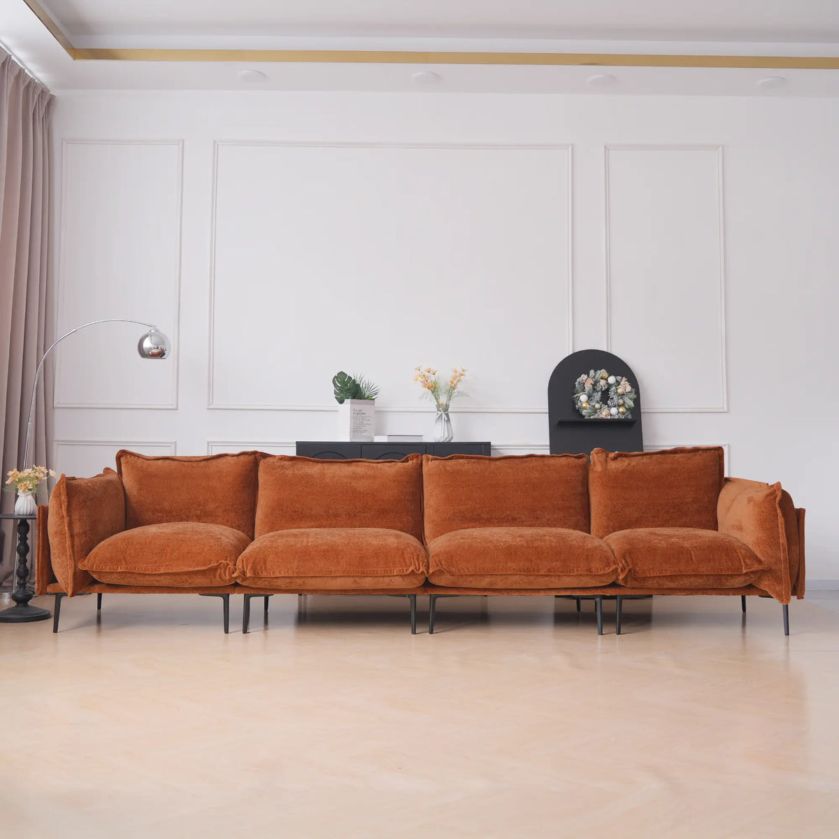 Deluxe Cloud 4-Seater Orange Modular Couch Sectional | 4-Piece, Velvet Fabric, Roomy Layout