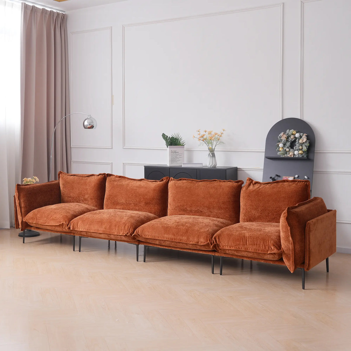 Deluxe Cloud 4-Seater Orange Modular Couch Sectional | 4-Piece, Velvet Fabric, Roomy Layout