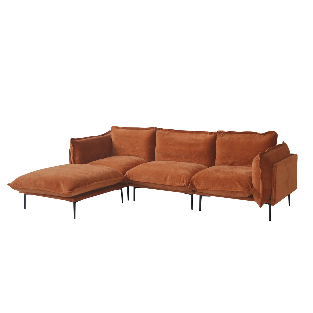 Deluxe Cloud 3-Seater Orange Modular L-Shaped Sectional | 4-Piece (includes 1 Ottoman), Velvet Fabric, Roomy Layout