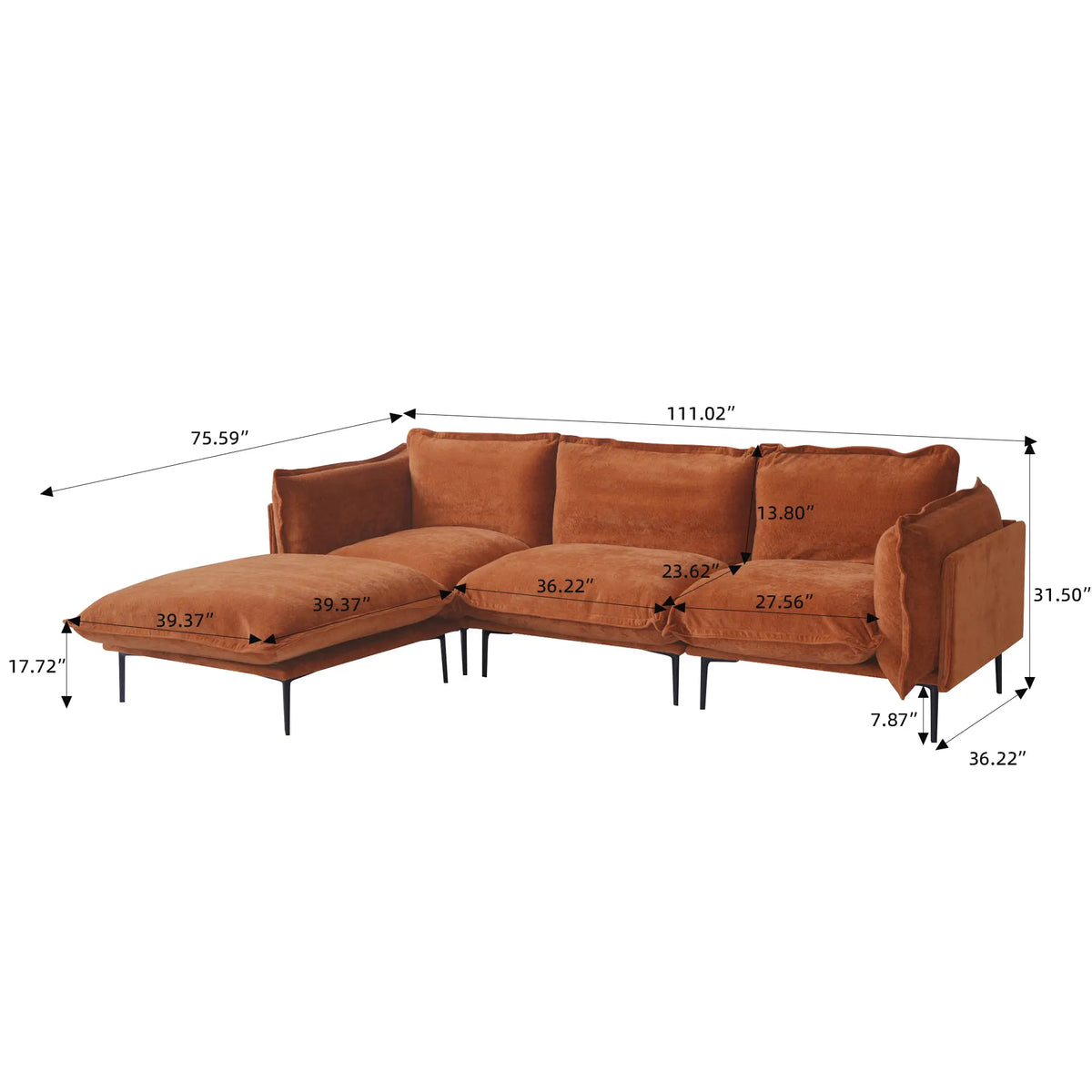 Deluxe Cloud 3-Seater Orange Modular L-Shaped Sectional | 4-Piece (includes 1 Ottoman), Velvet Fabric, Roomy Layout