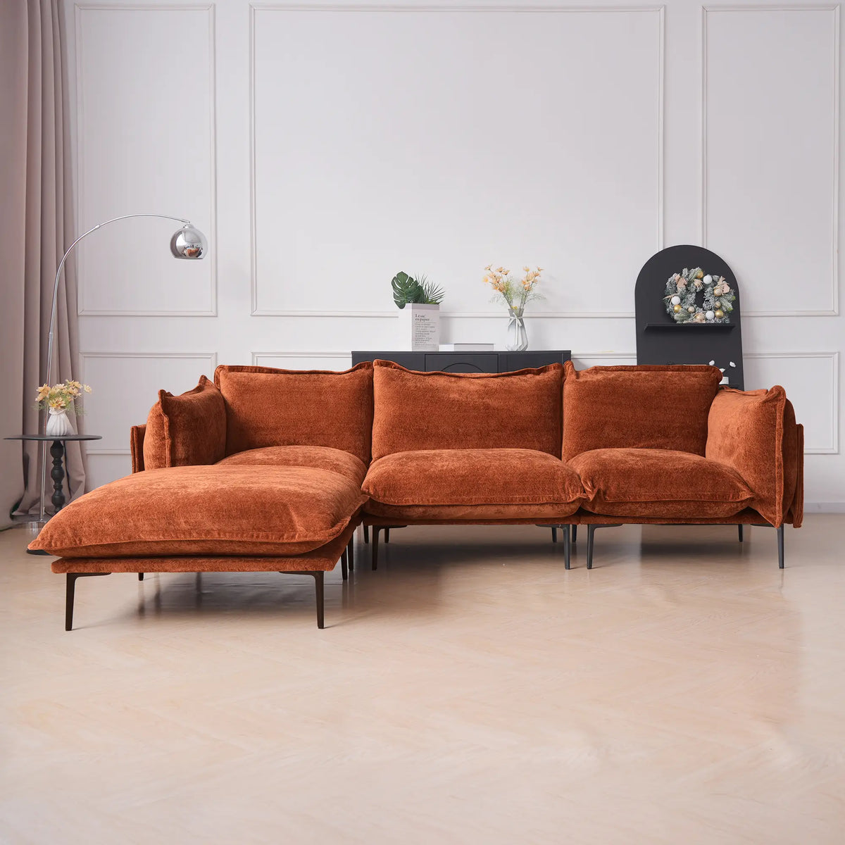 Deluxe Cloud 3-Seater Orange Modular L-Shaped Sectional | 4-Piece (includes 1 Ottoman), Velvet Fabric, Roomy Layout