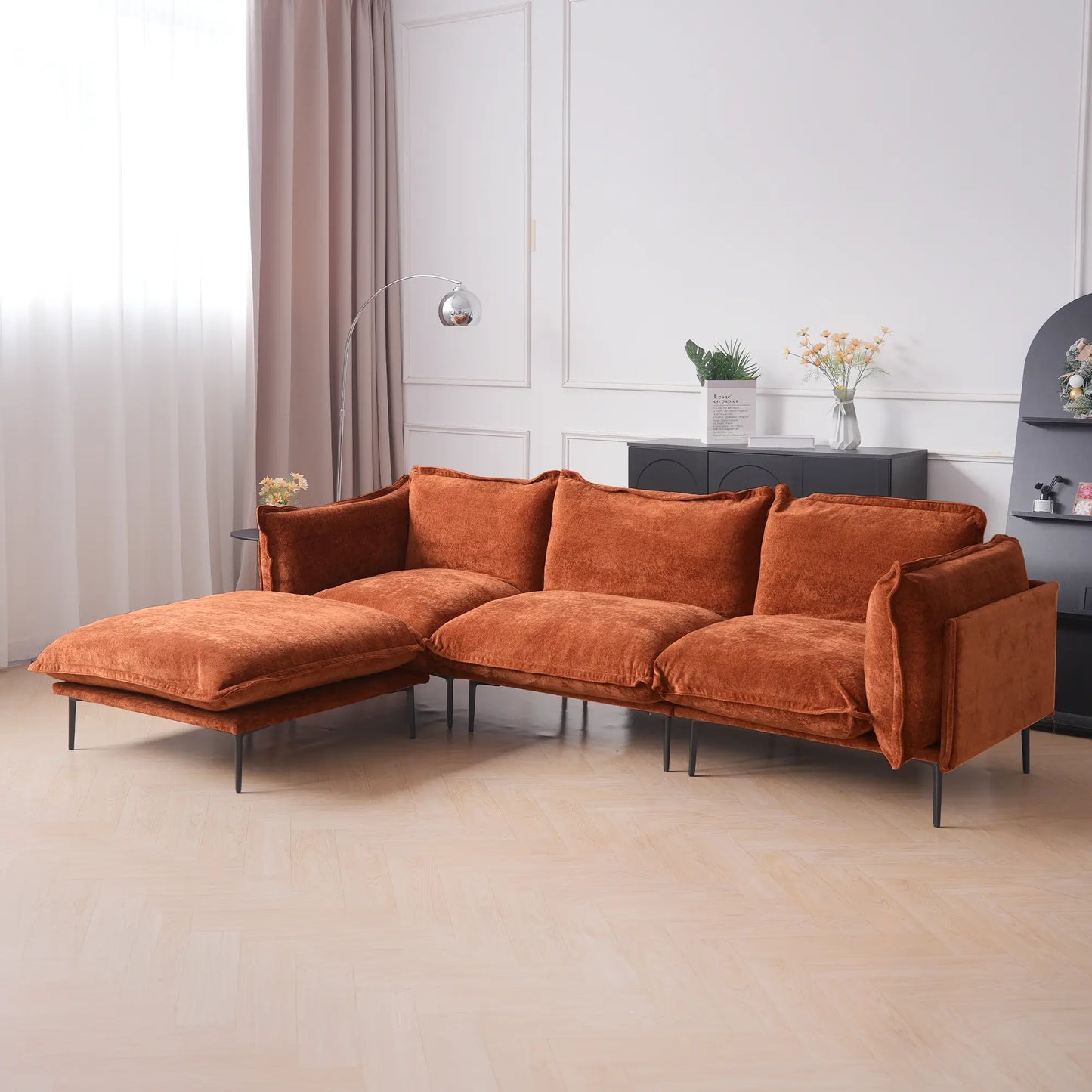 Deluxe Urban Cloud Sectional Sofas | 4-Piece Velvet Orange L-Shaped Sectionals 3-Seater With 1 Ottoman