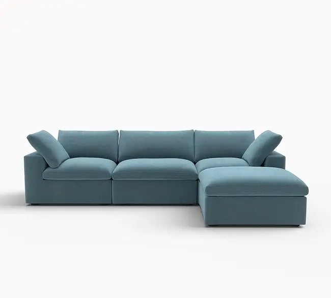 Deluxe Cloud 3-Seater Light Blue Sofa Set | 4-Piece (Includes 1 Ottoman), Velvet Fabric, Washable Cushion Covers