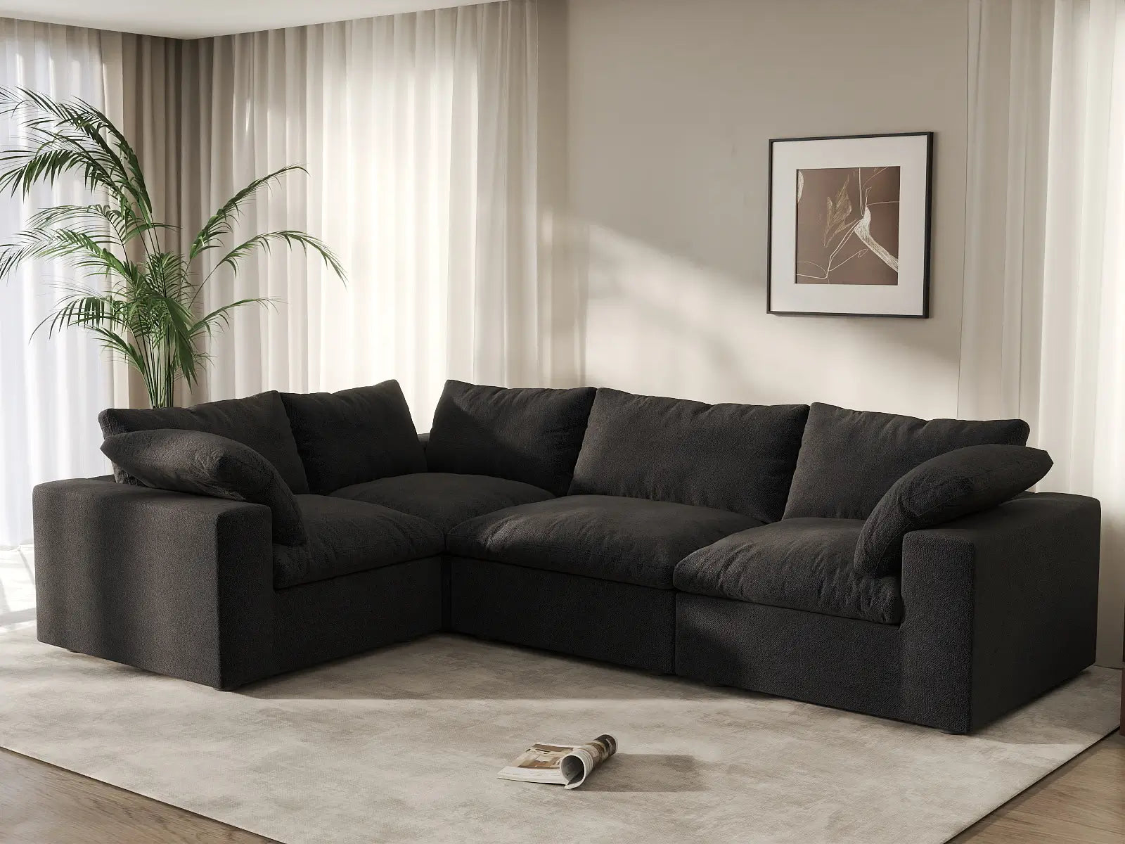 Deluxe Premium Cloud Sectional Sofa Covers | Black Cotton and Linen Sofa Cover for 4-Seater