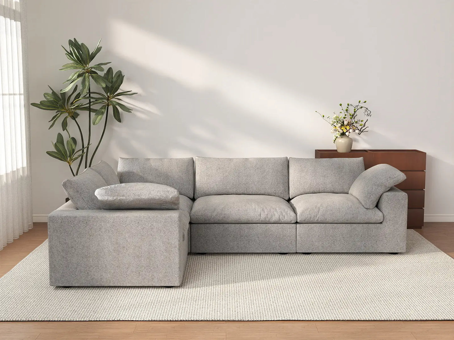 Deluxe Cloud 4-Seater Light Grey Large Space L-Shaped Sectional | 4-Piece, Cotton And Linen Fabric, Easy To Clean