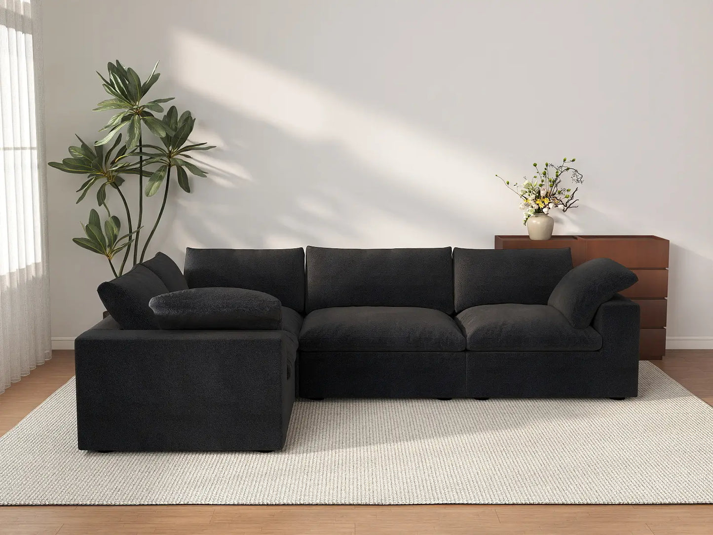 Deluxe Cloud 4-Seater Black Large Space L-Shaped Sectional | 4-Piece, Cotton And Linen Fabric, Easy To Clean
