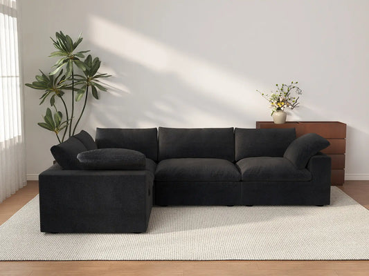 Deluxe Cloud 4-Seater Black Large Space L-Shaped Sectional | 4-Piece, Cotton And Linen Fabric, Easy To Clean