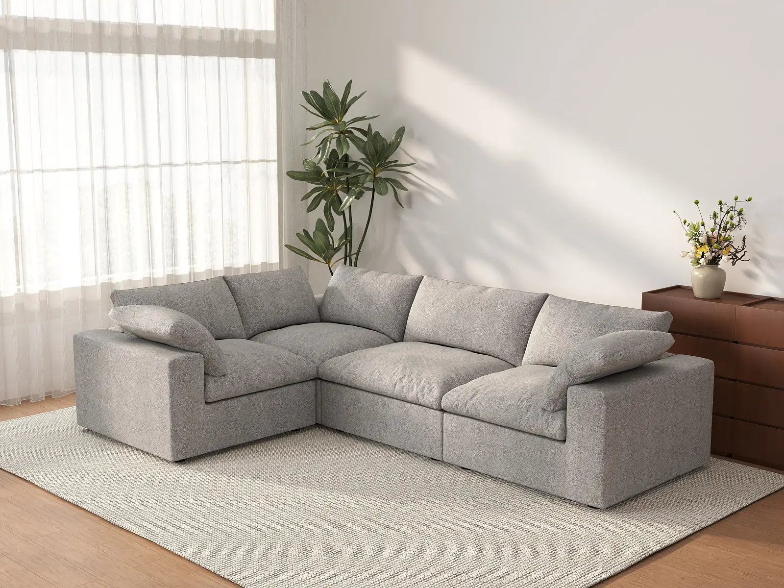 Deluxe Cloud 4-Seater Light Grey Large Space L-Shaped Sectional | 4-Piece, Cotton And Linen Fabric, Easy To Clean
