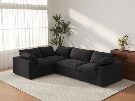 Deluxe Cloud 4-Seater Black Large Space L-Shaped Sectional | 4-Piece, Cotton And Linen Fabric, Easy To Clean