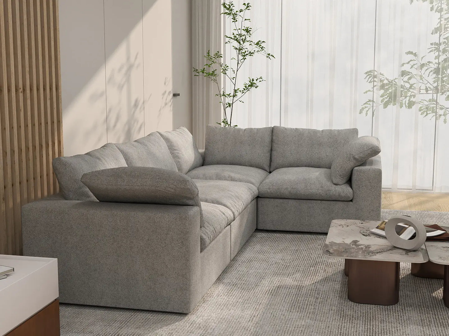 Deluxe Cloud 4-Seater Light Grey Large Space L-Shaped Sectional | 4-Piece, Cotton And Linen Fabric, Easy To Clean