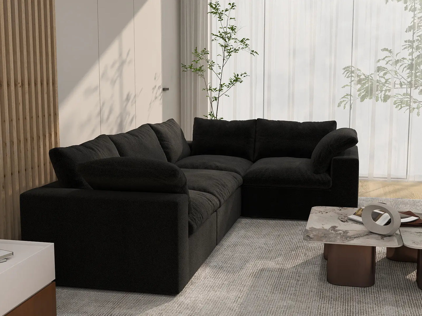 Deluxe Cloud 4-Seater Black Large Space L-Shaped Sectional | 4-Piece, Cotton And Linen Fabric, Easy To Clean