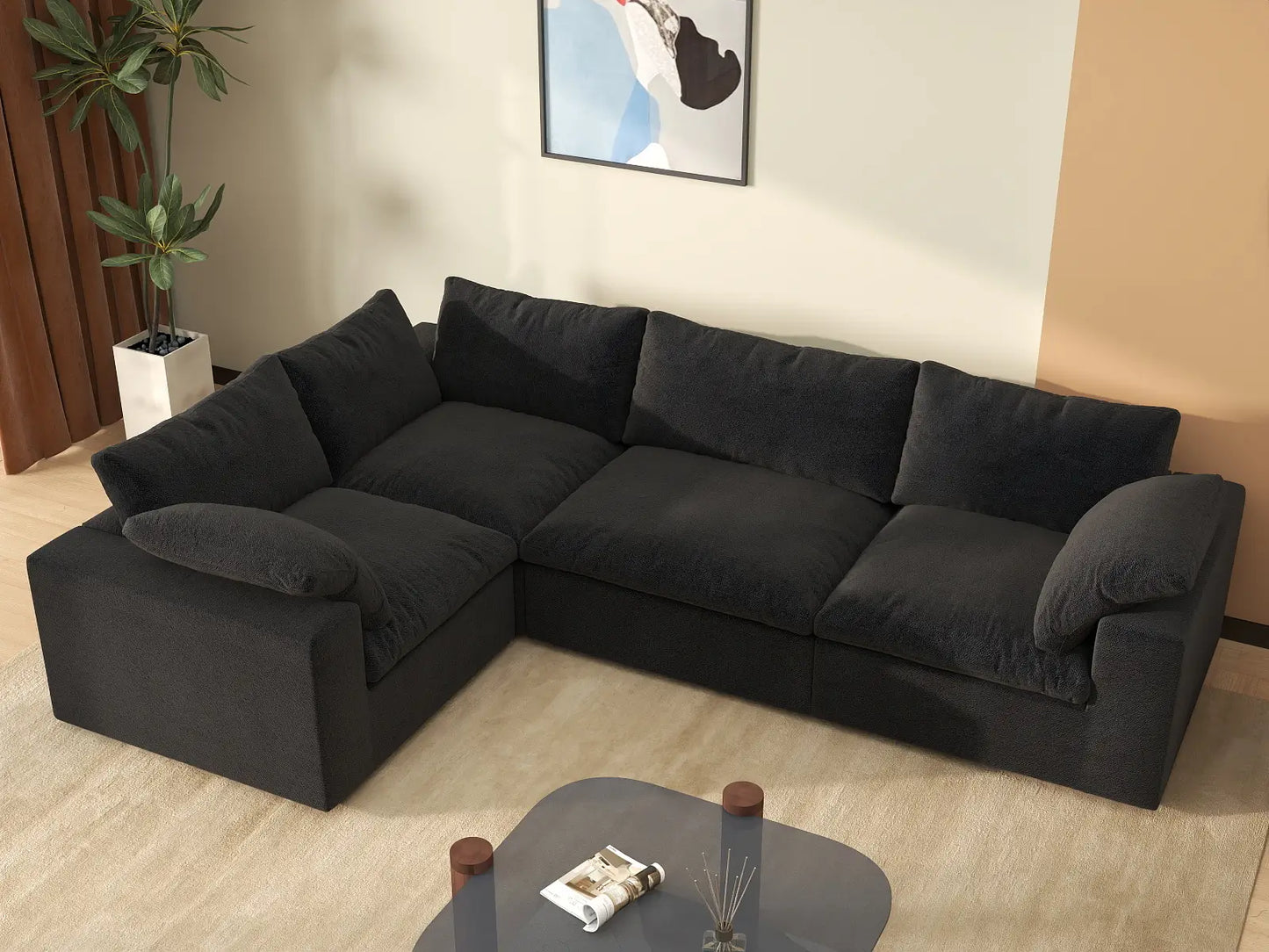 Deluxe Cloud 4-Seater Black Large Space L-Shaped Sectional | 4-Piece, Cotton And Linen Fabric, Easy To Clean