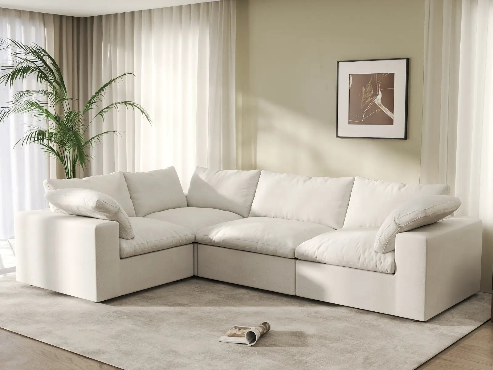 Deluxe Cloud 4-Seater White L-Shaped Sectional | 4-Piece, Cotton And Linen Fabric, Washable Cushion Covers