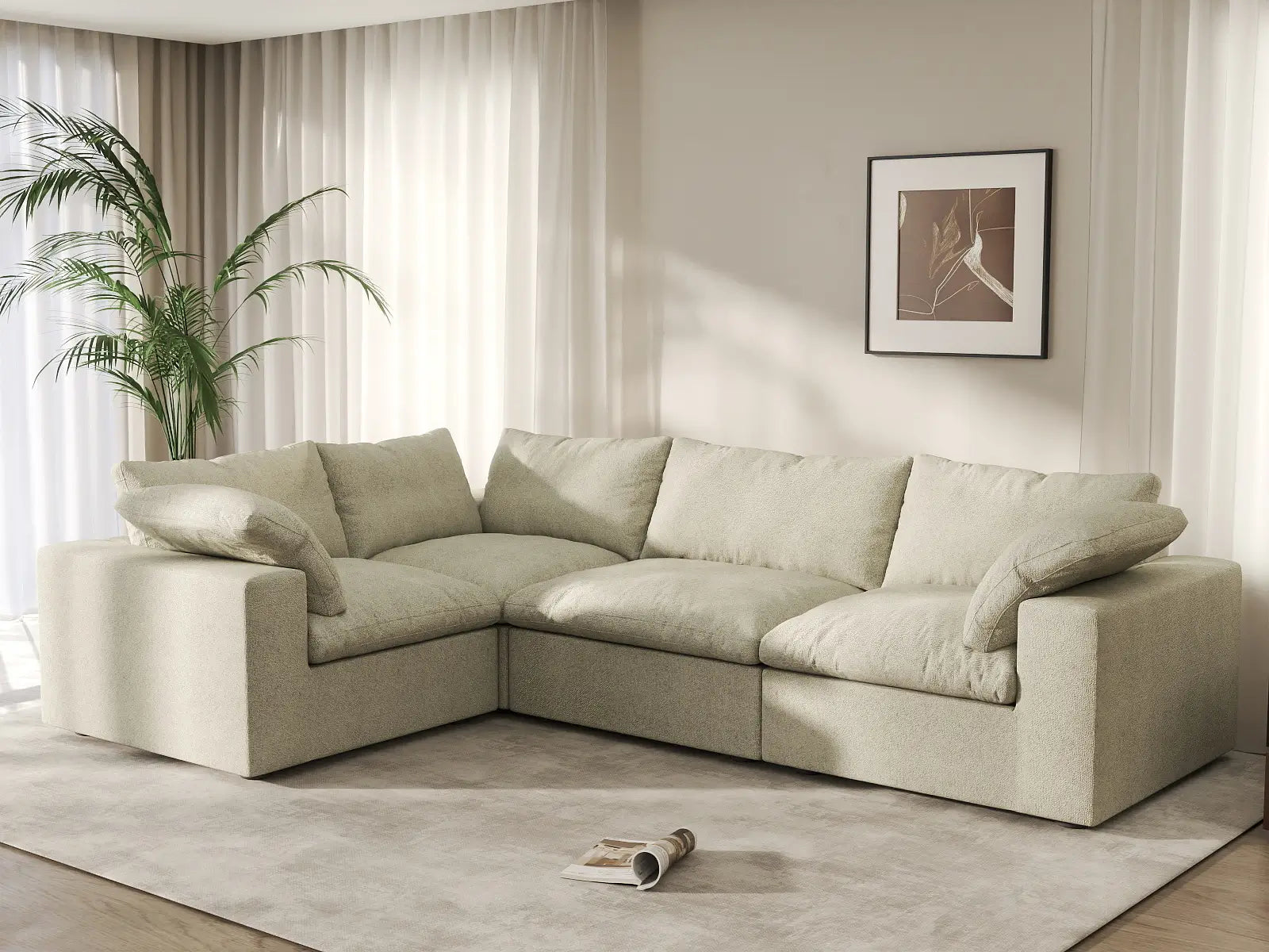 Deluxe Cloud 4-Seater Khaki L-Shaped Sectional | 4-Piece, Cotton And Linen Fabric, Washable Cushion Covers