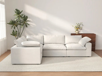 Deluxe Cloud 4-Seater White L-Shaped Sectional | 4-Piece, Cotton And Linen Fabric, Washable Cushion Covers