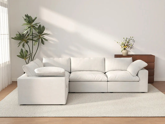 Deluxe Cloud 4-Seater White L-Shaped Sectional | 4-Piece, Cotton And Linen Fabric, Washable Cushion Covers