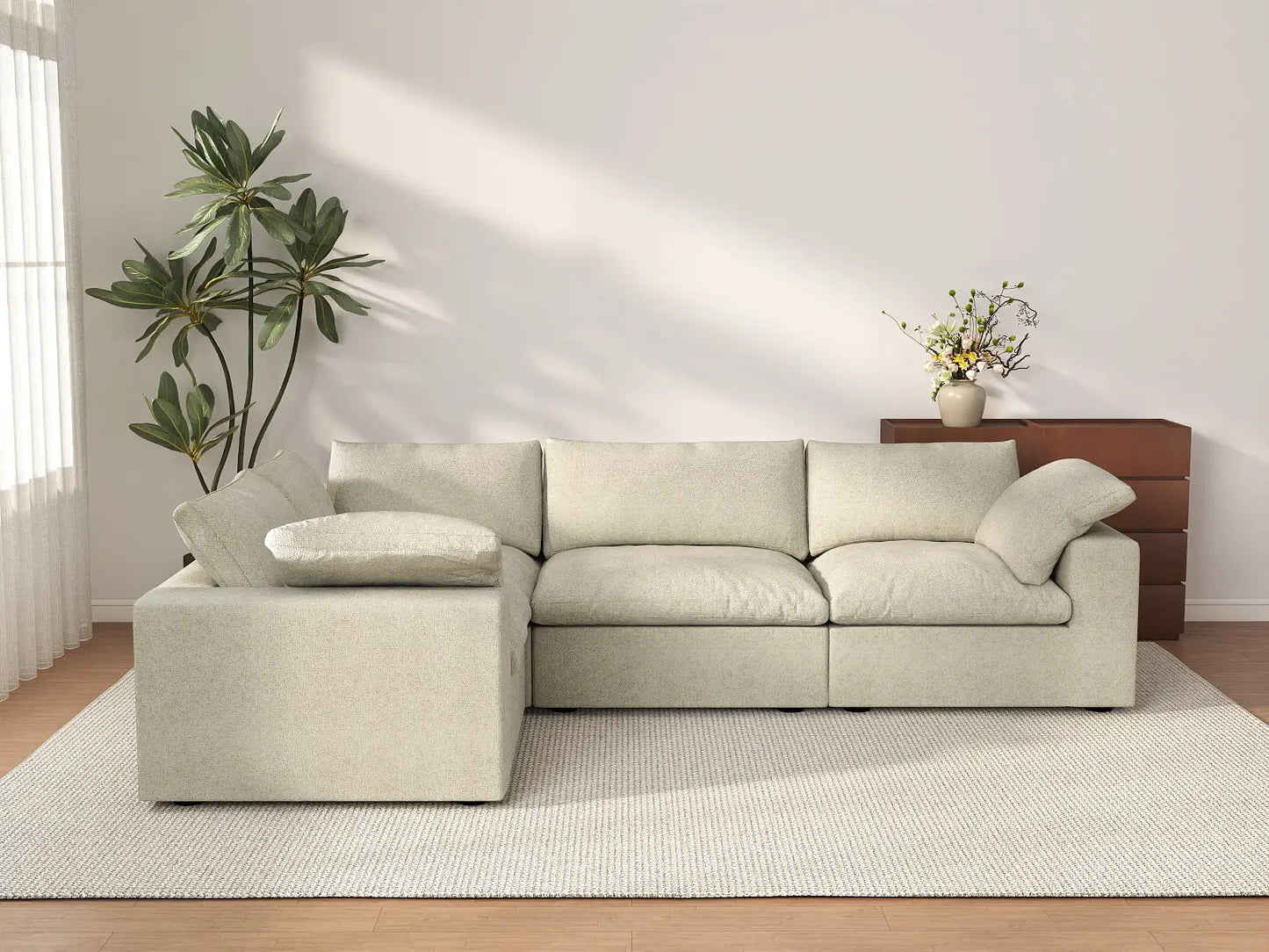 Deluxe Cloud 4-Seater Khaki L-Shaped Sectional | 4-Piece, Cotton And Linen Fabric, Washable Cushion Covers