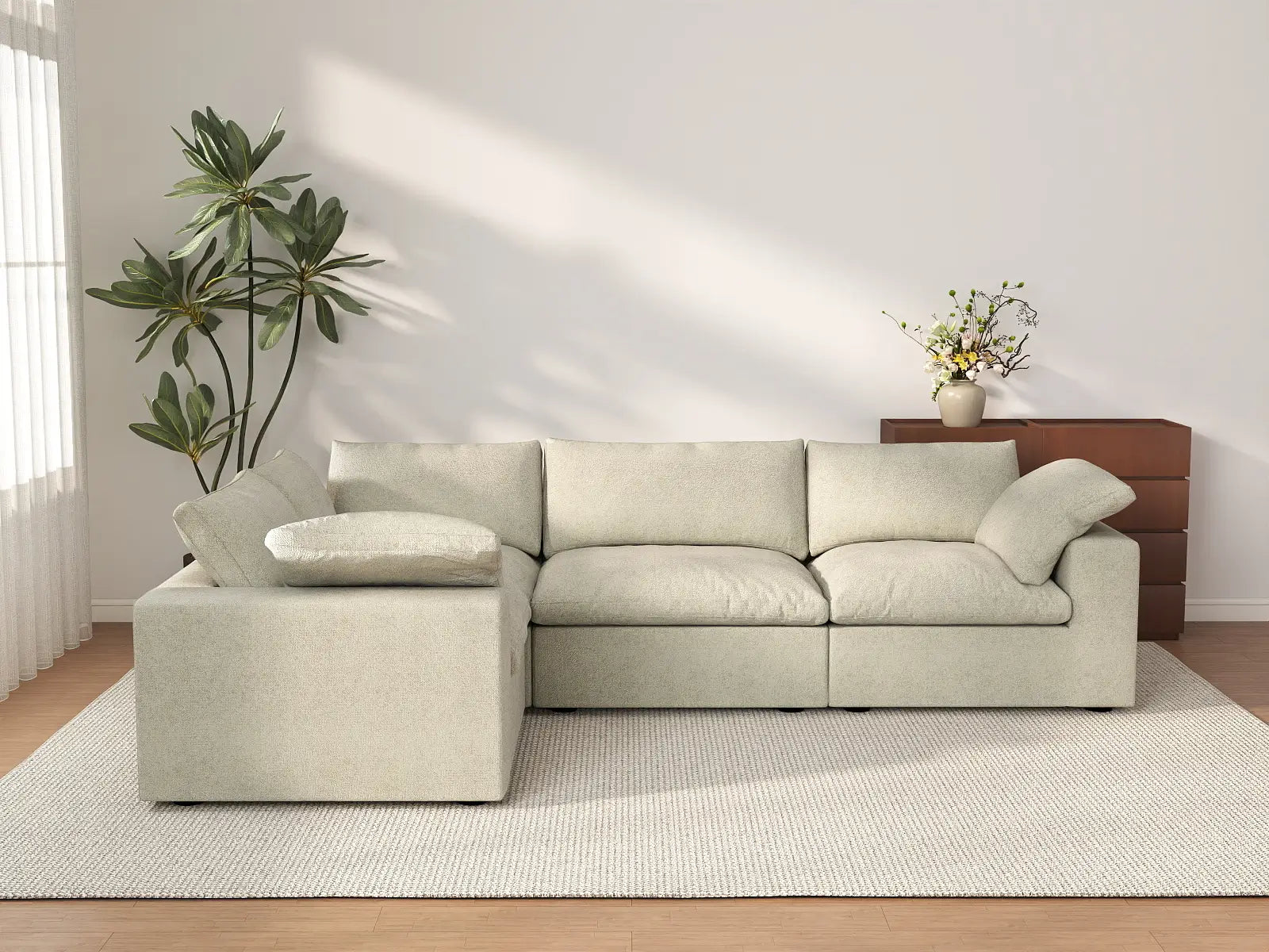 Deluxe Cloud 4-Seater Khaki L-Shaped Sectional | 4-Piece, Cotton And Linen Fabric, Washable Cushion Covers
