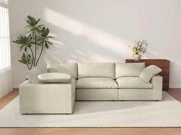 Deluxe Cloud 4-Seater Khaki L-Shaped Sectional | 4-Piece, Cotton And Linen Fabric, Washable Cushion Covers