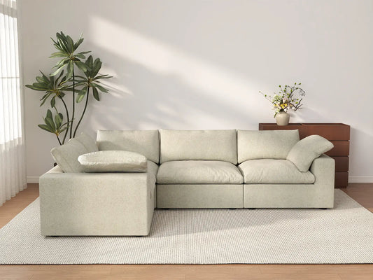 Deluxe Cloud 4-Seater Khaki L-Shaped Sectional | 4-Piece, Cotton And Linen Fabric, Washable Cushion Covers