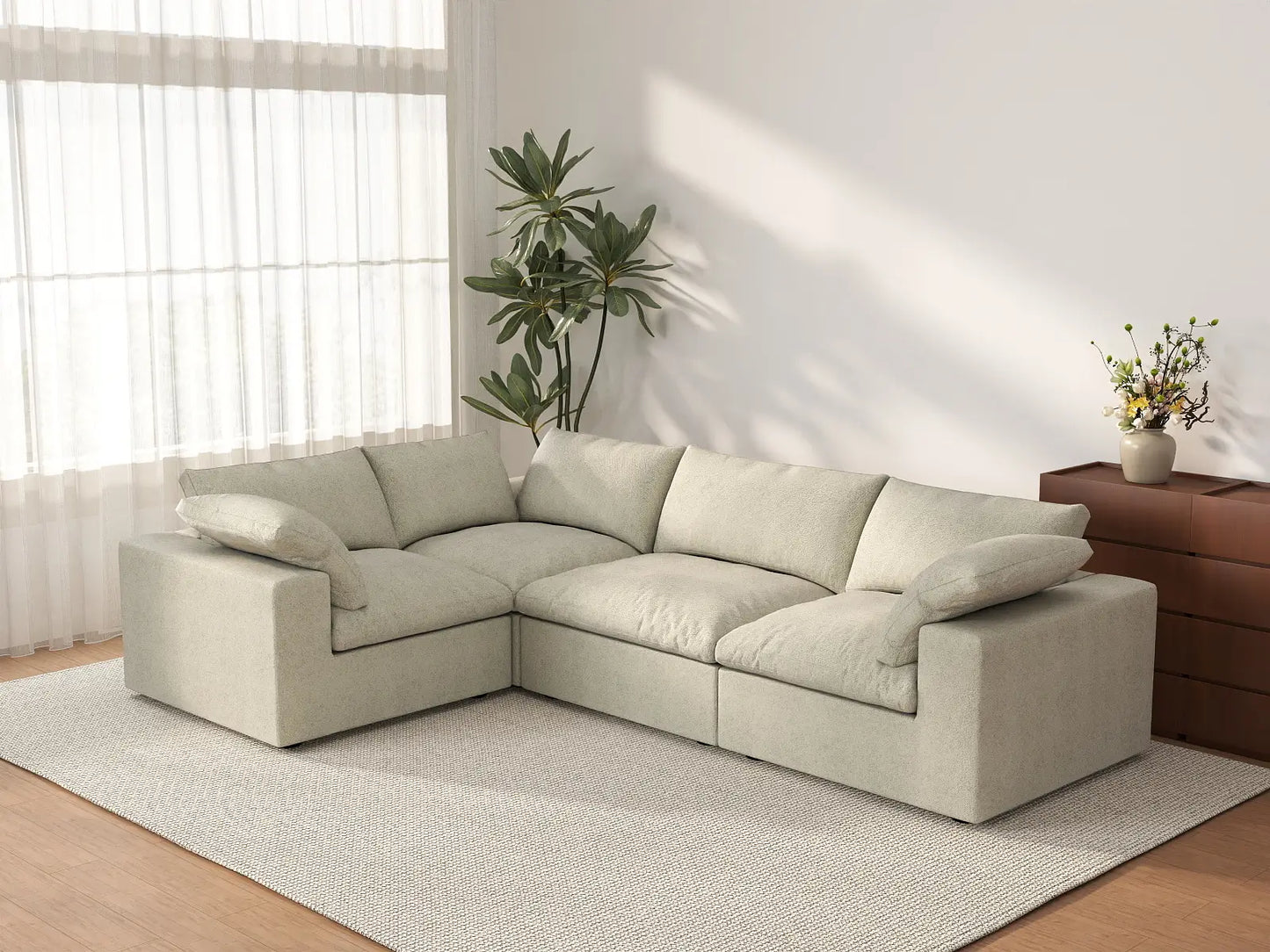 Deluxe Cloud 4-Seater Khaki L-Shaped Sectional | 4-Piece, Cotton And Linen Fabric, Washable Cushion Covers