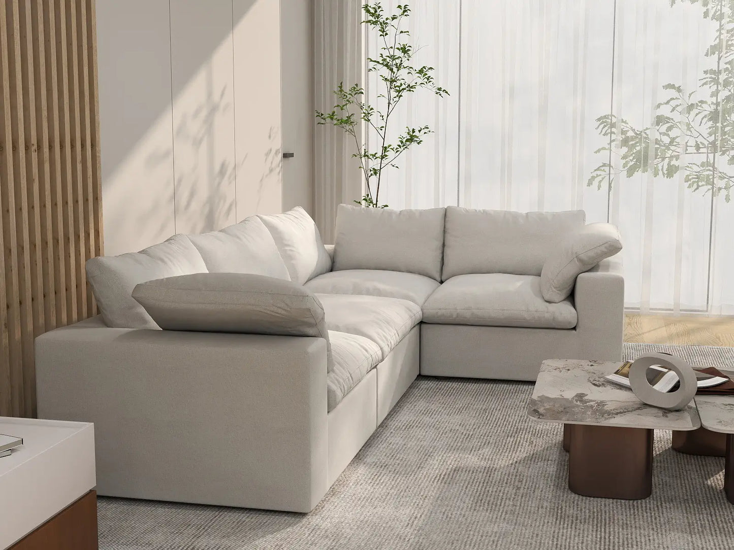 Deluxe Cloud 4-Seater White L-Shaped Sectional | 4-Piece, Cotton And Linen Fabric, Washable Cushion Covers