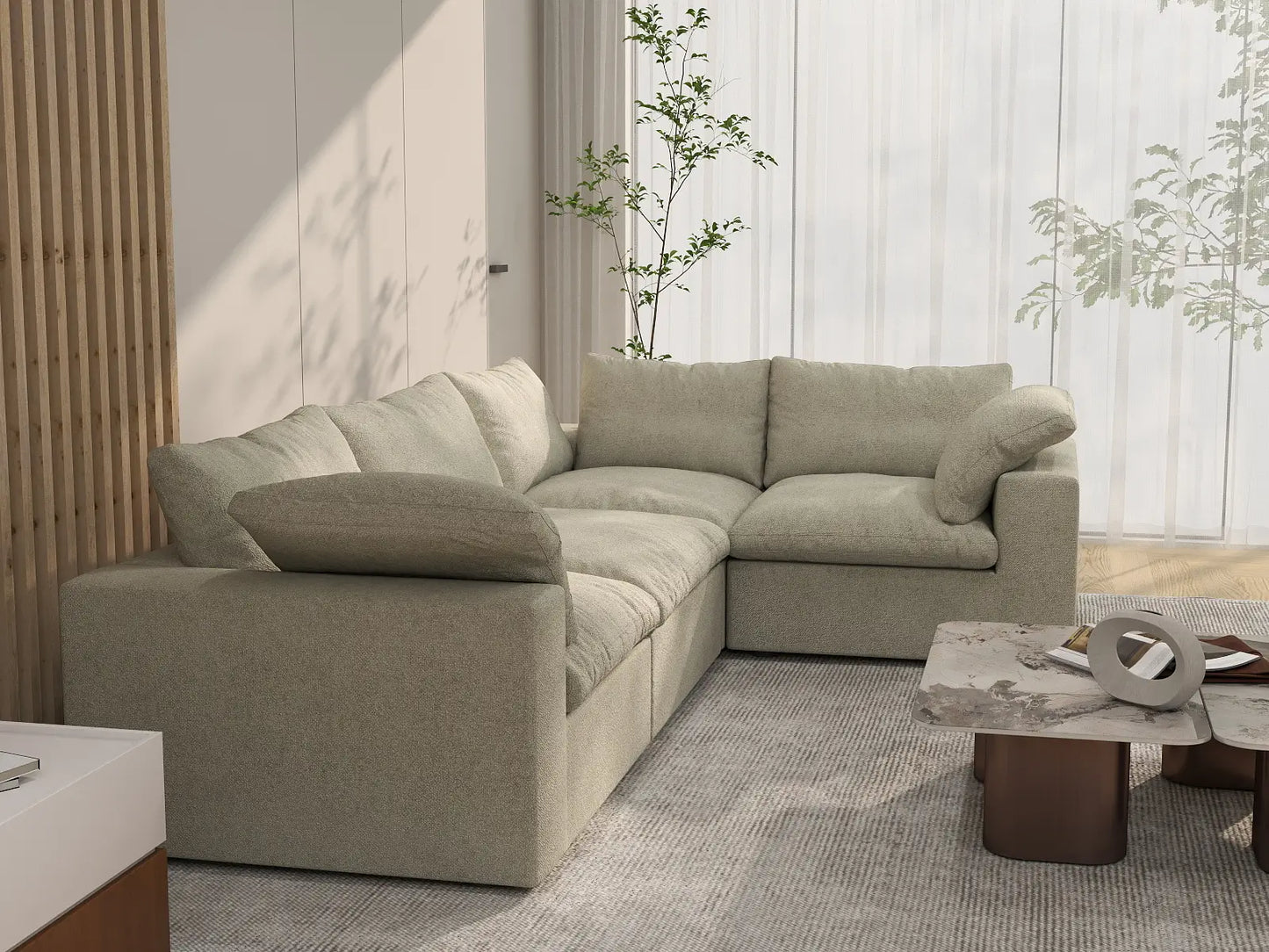 Deluxe Cloud 4-Seater Khaki L-Shaped Sectional | 4-Piece, Cotton And Linen Fabric, Washable Cushion Covers