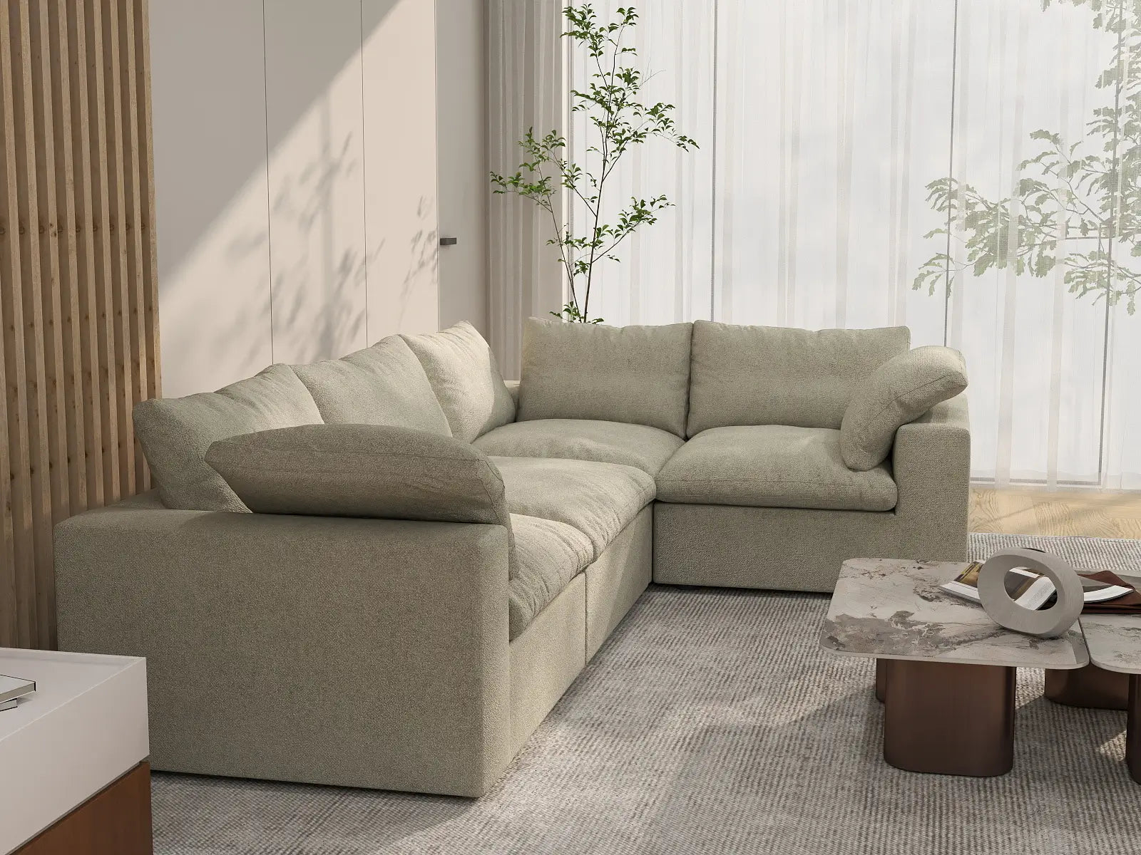 Deluxe Cloud 4-Seater Khaki L-Shaped Sectional | 4-Piece, Cotton And Linen Fabric, Washable Cushion Covers