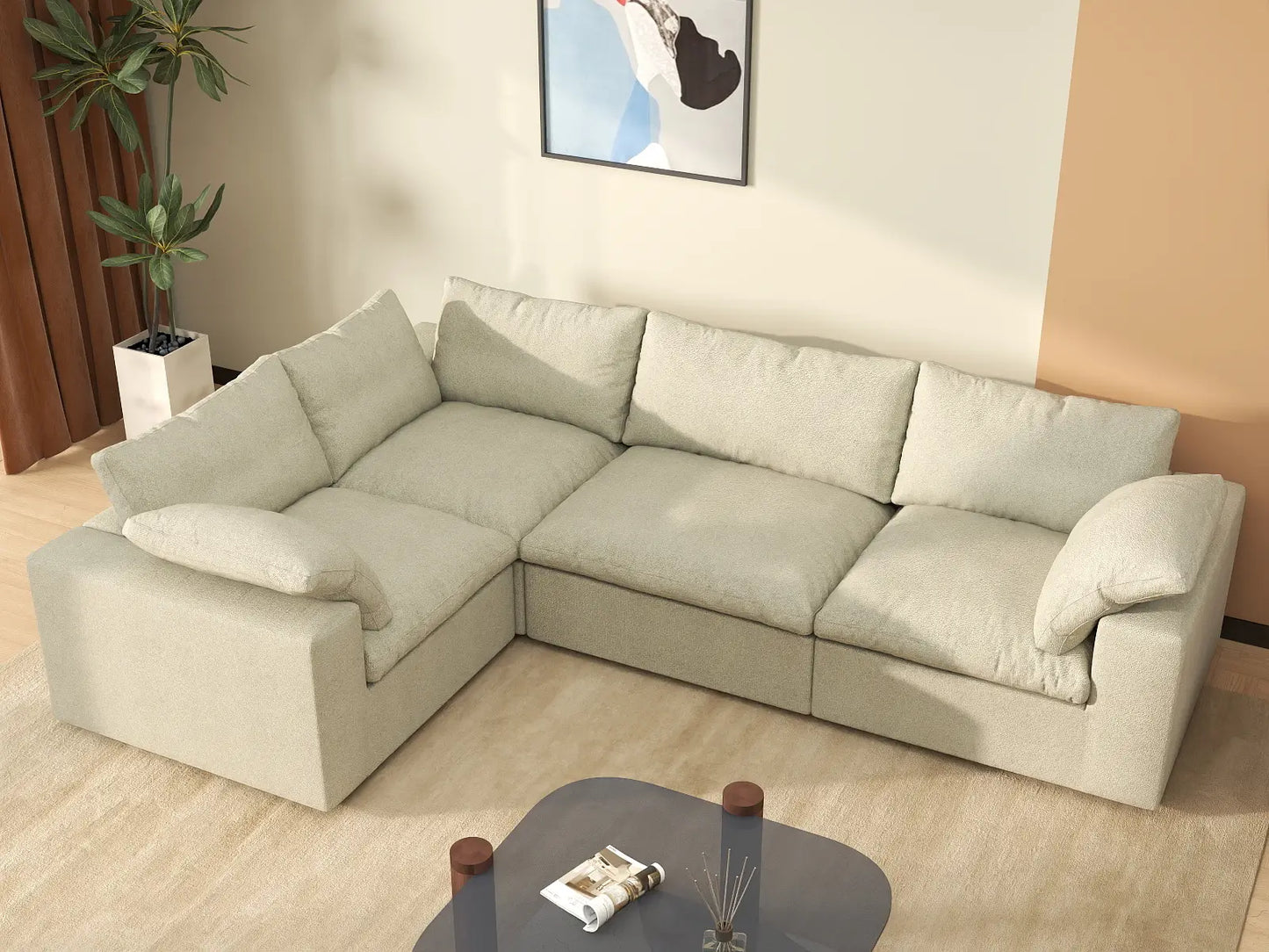 Deluxe Premium Cloud Sectional Sofa Covers | Khaki Cotton and Linen Sofa Cover for 4-Seater