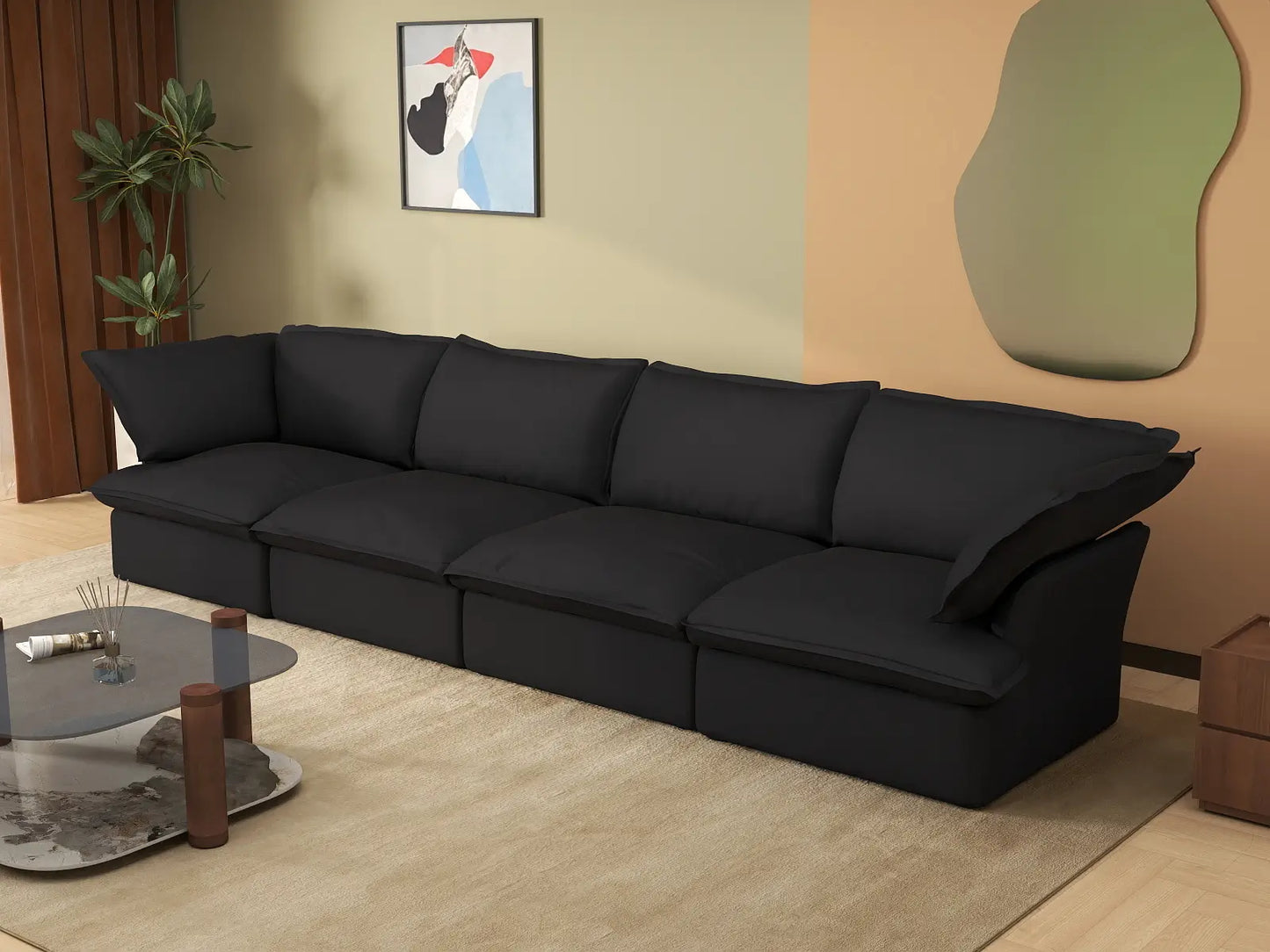 Deluxe Cloud 4-Seater Black Washable Couch Sectional | 4-Piece, Linen and Cotton Fabric, Modular Design