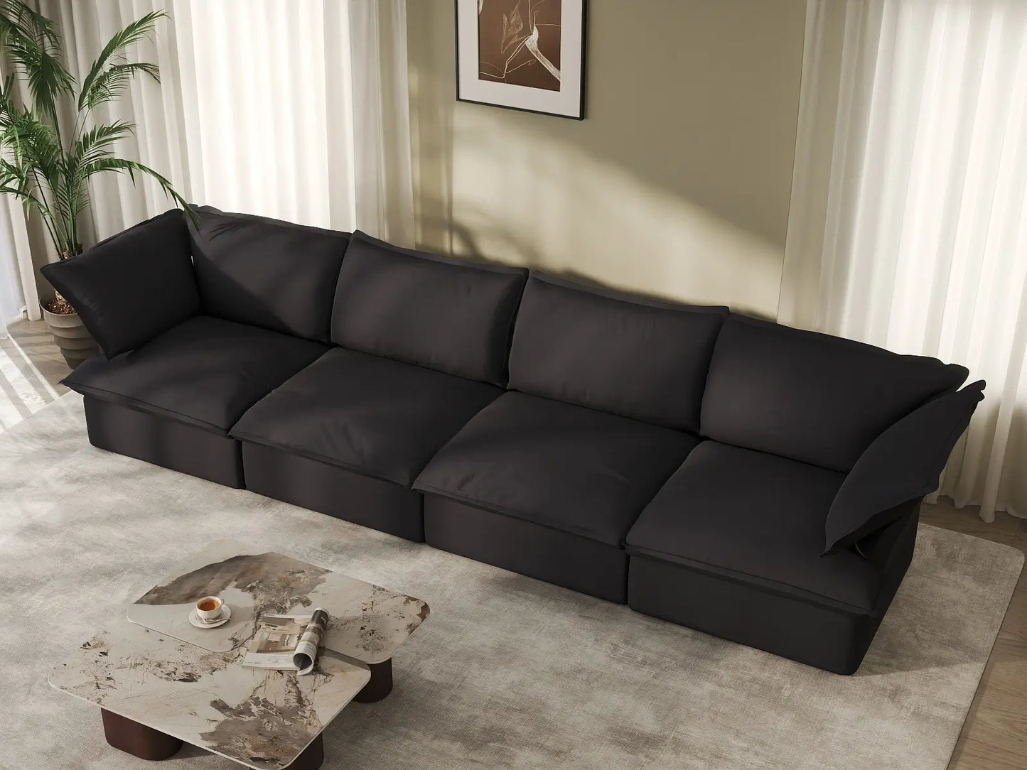 Deluxe Cloud 4-Seater Black Washable Couch Sectional | 4-Piece, Linen and Cotton Fabric, Modular Design