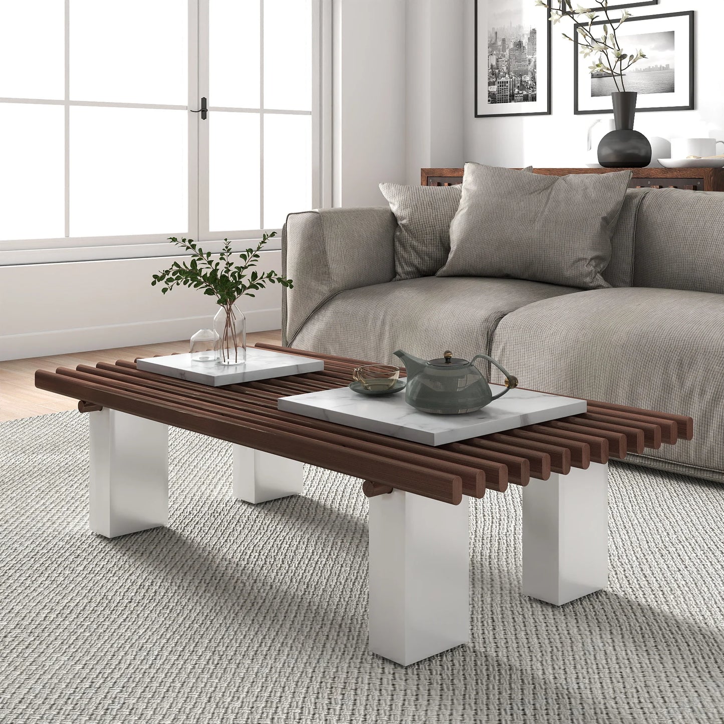 Grandeur Faux Marble Coffee Table | 48" Copper Rectangular With Removeable Marble Slab