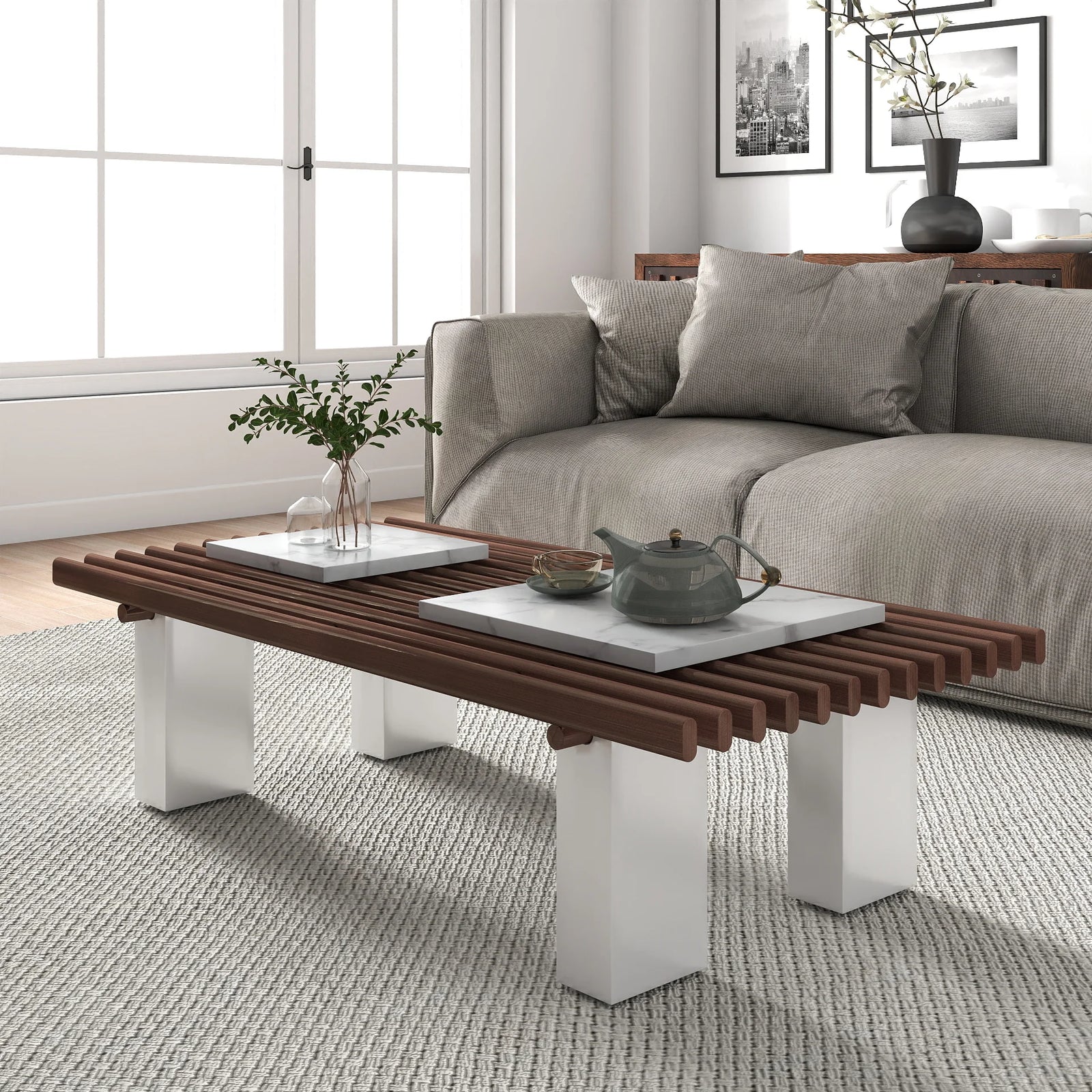 Grandeur Faux Marble Coffee Table | 48" Copper Rectangular With Removeable Marble Slab