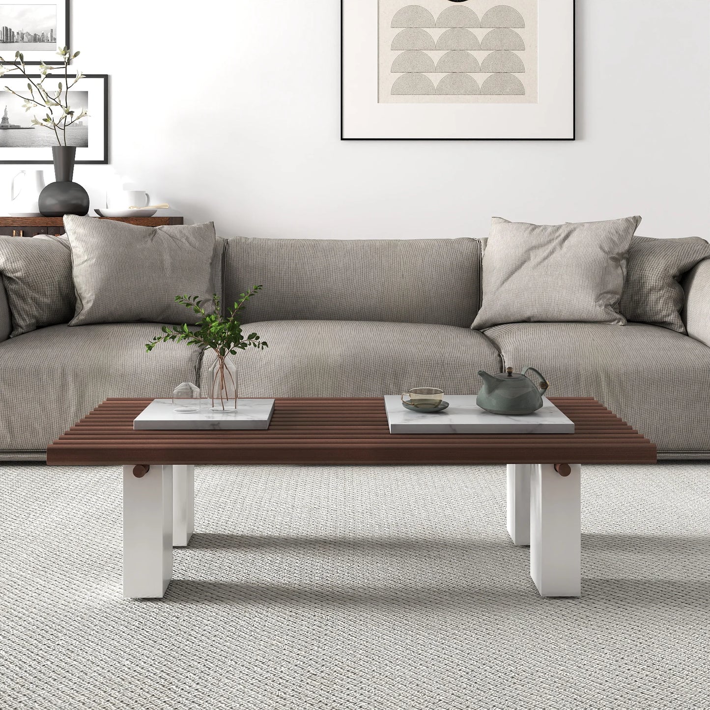 Grandeur Faux Marble Coffee Table | 48" Copper Rectangular With Removeable Marble Slab