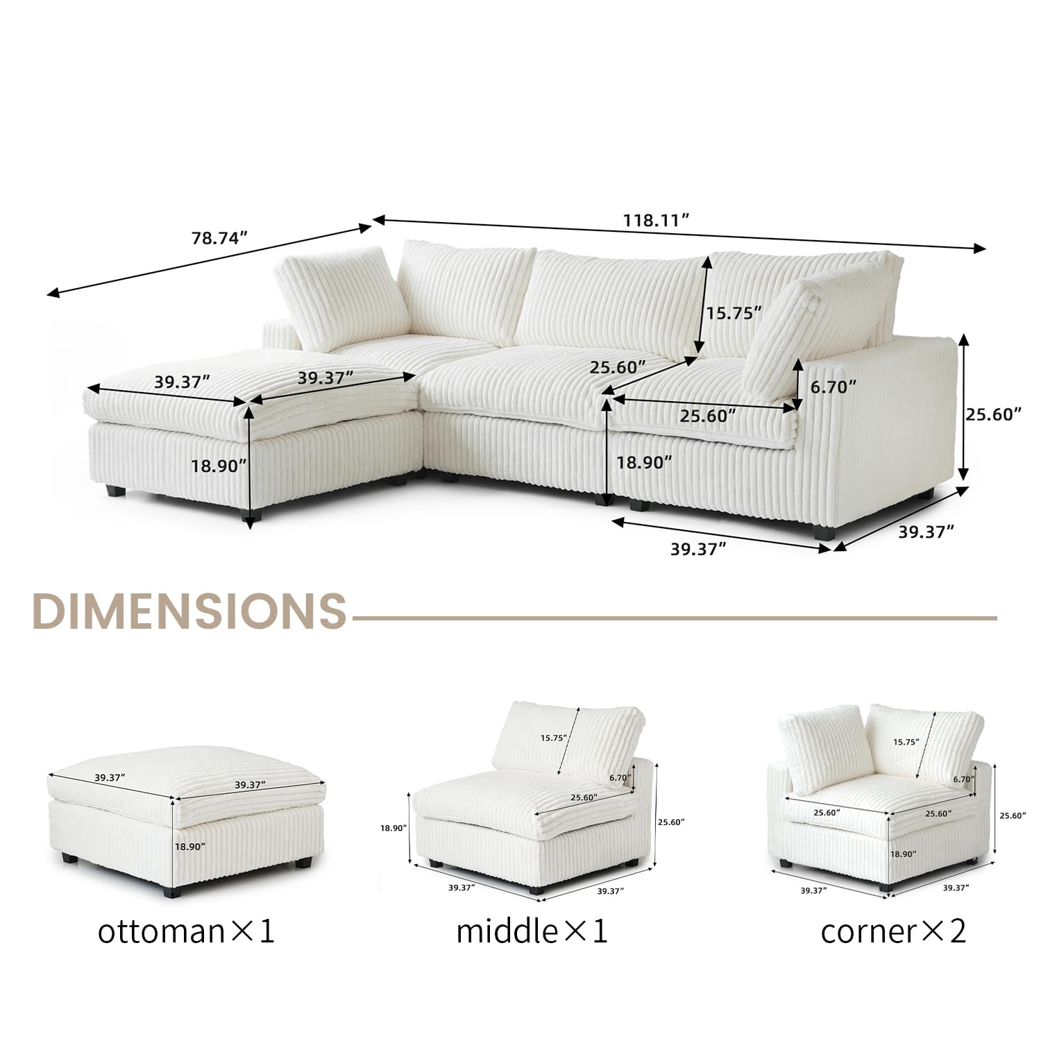 Cloud Couch Modular Sectional Sofa,157" Oversized U Shaped Couch with Ottoman,6 Seater Convertible Sofa,Comfy Plush Couches for Living Room,Covers Washable&amp;Replaceable (White)