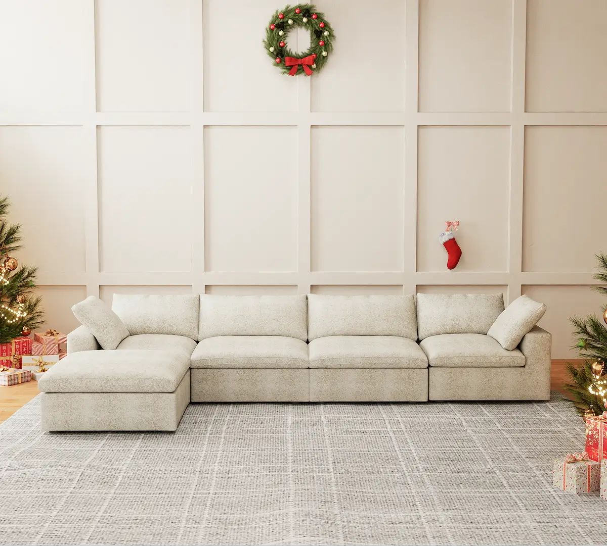 Deluxe Premium Cloud Sectional Sofas | 5-Piece Cotton and Linen White L-Shaped Sectionals 160