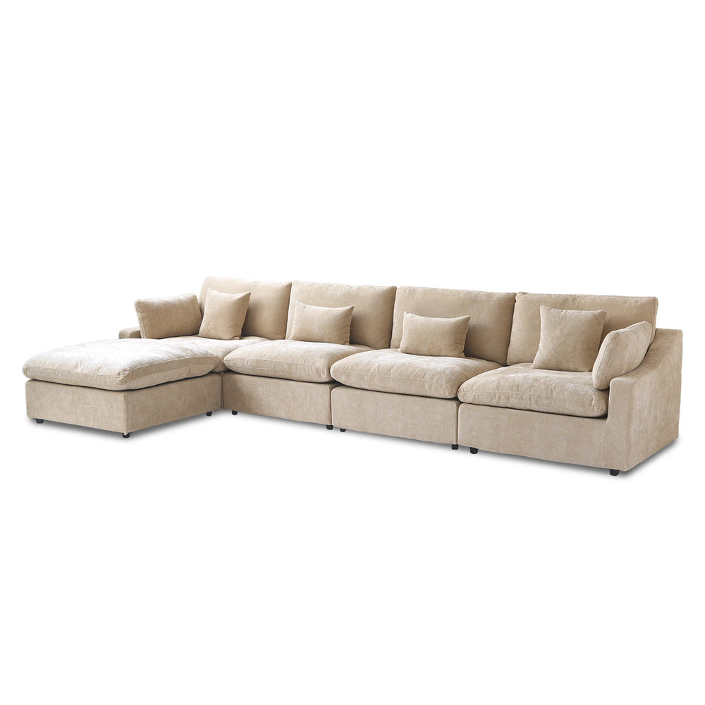 Deluxe Slope Cloud Sectional Sofas | 5-Piece Linen Khaki Sofa Sets 4-Seater With 1 Ottoman