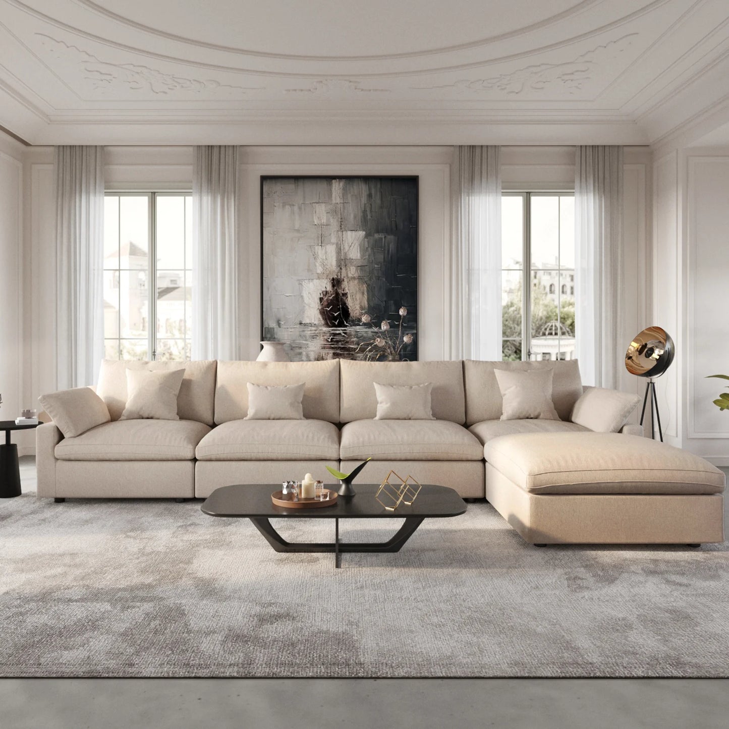 Deluxe Slope Cloud Sectional Sofas | 5-Piece Linen Khaki Sofa Sets 4-Seater With 1 Ottoman