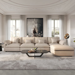 Deluxe Slope Cloud Sectional Sofas | 5-Piece Linen Khaki Sofa Sets 4-Seater With 1 Ottoman