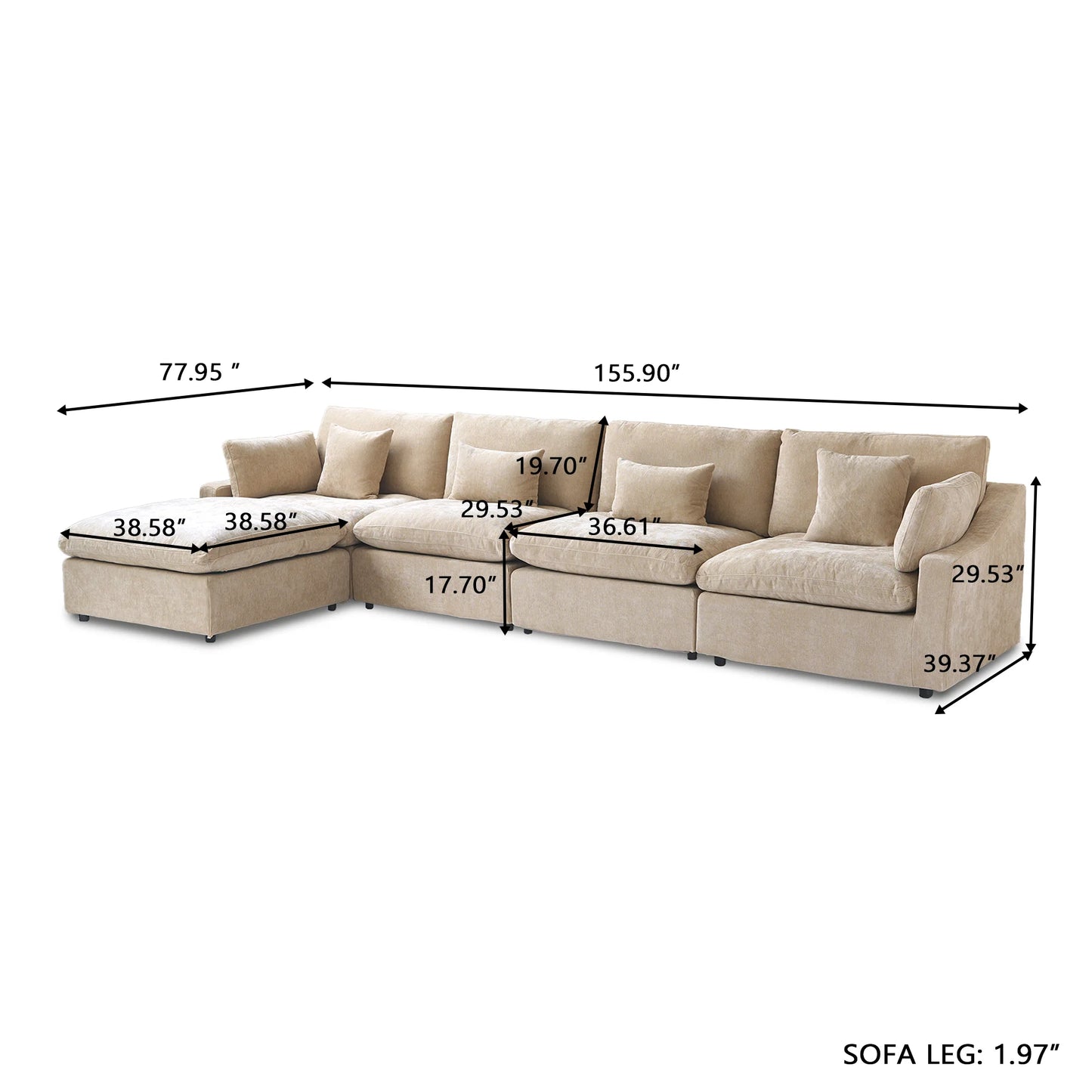 Deluxe Slope Cloud Sectional Sofas | 5-Piece Linen Khaki Sofa Sets 4-Seater With 1 Ottoman