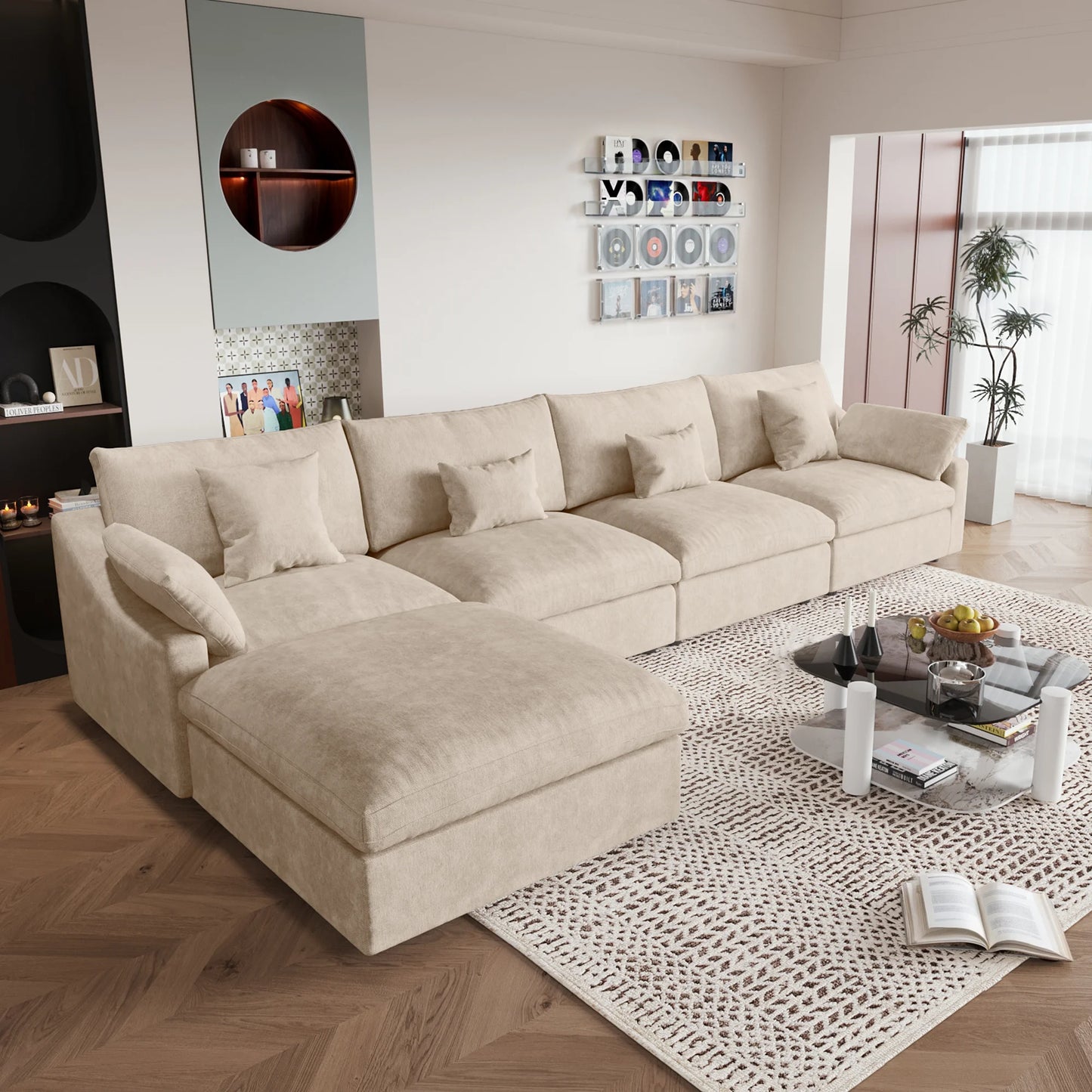 Deluxe Slope Cloud Sectional Sofas | 5-Piece Linen Khaki Sofa Sets 4-Seater With 1 Ottoman