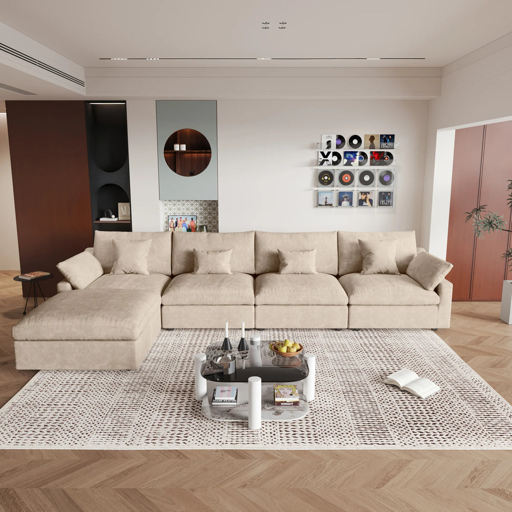 Deluxe Slope Cloud Sectional Sofas | 5-Piece Linen Khaki Sofa Sets 4-Seater With 1 Ottoman