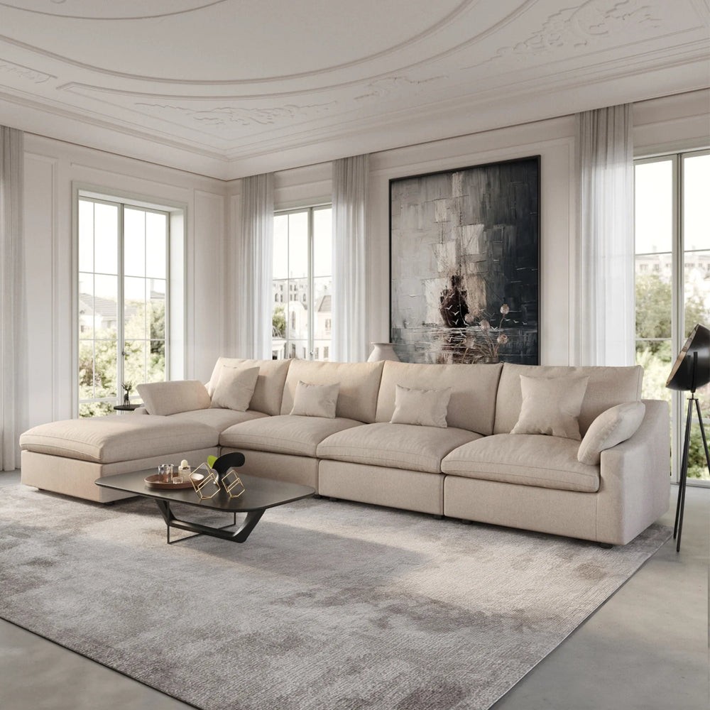 Deluxe Slope Cloud Sectional Sofas | 5-Piece Linen Khaki Sofa Sets 4-Seater With 1 Ottoman