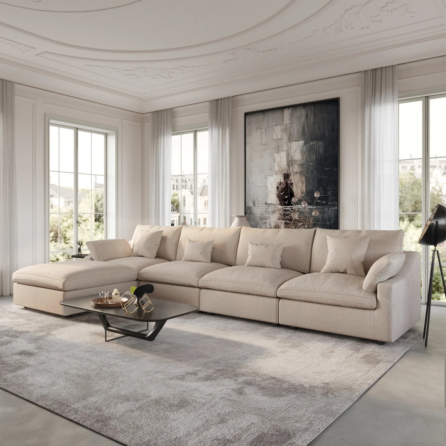 Deluxe Slope Cloud Sectional Sofas | 5-Piece Linen Khaki Sofa Sets 4-Seater With 1 Ottoman