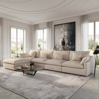 Deluxe Slope Cloud Sectional Sofas | 5-Piece Linen Khaki Sofa Sets 4-Seater With 1 Ottoman