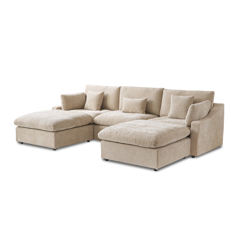 Deluxe Slope Cloud Sectional Sofas | 5-Piece Linen Khaki U-Shaped Sectionals 3-Seater With 2 Ottomans
