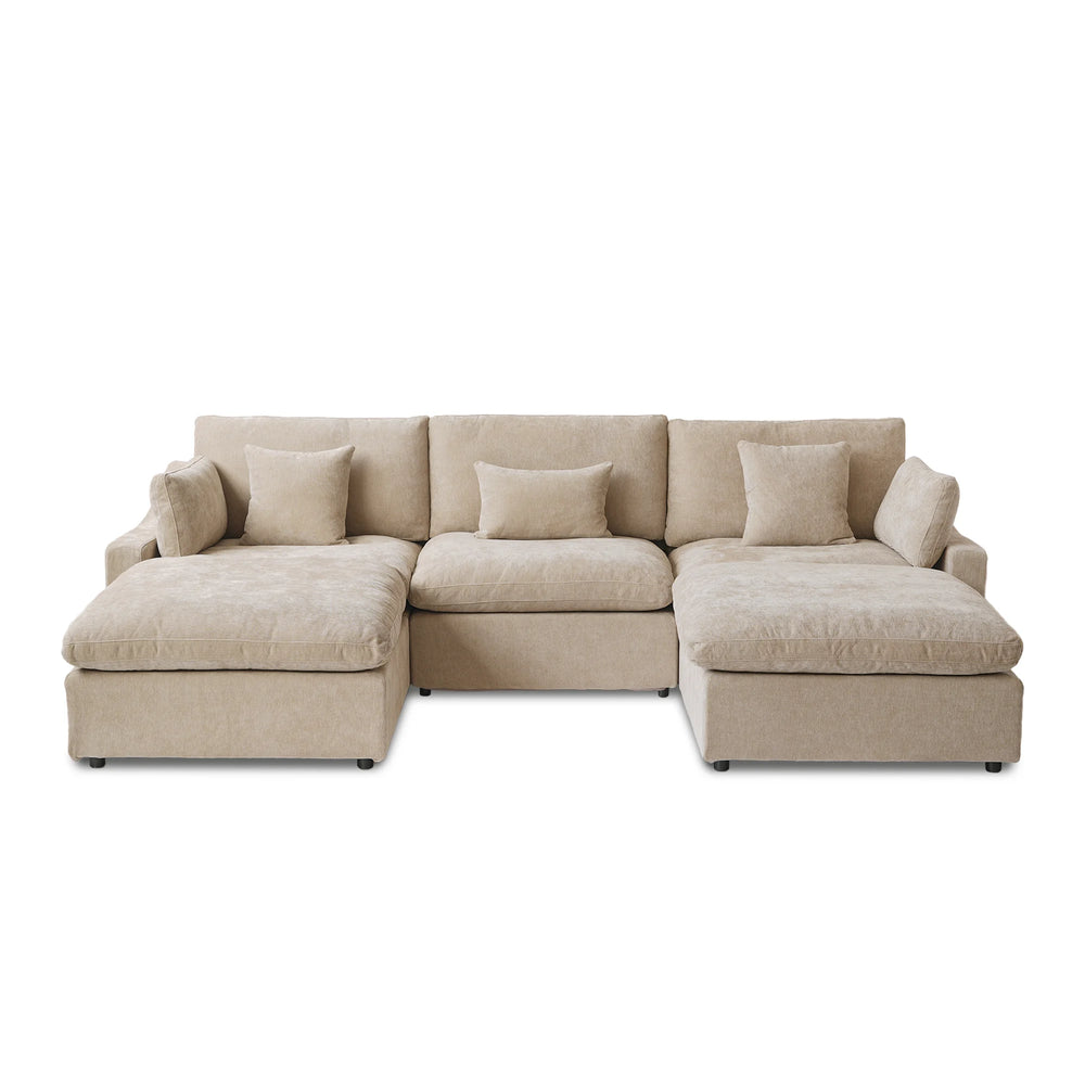 Deluxe Slope Cloud Sectional Sofas | 5-Piece Linen Khaki U-Shaped Sectionals 3-Seater With 2 Ottomans