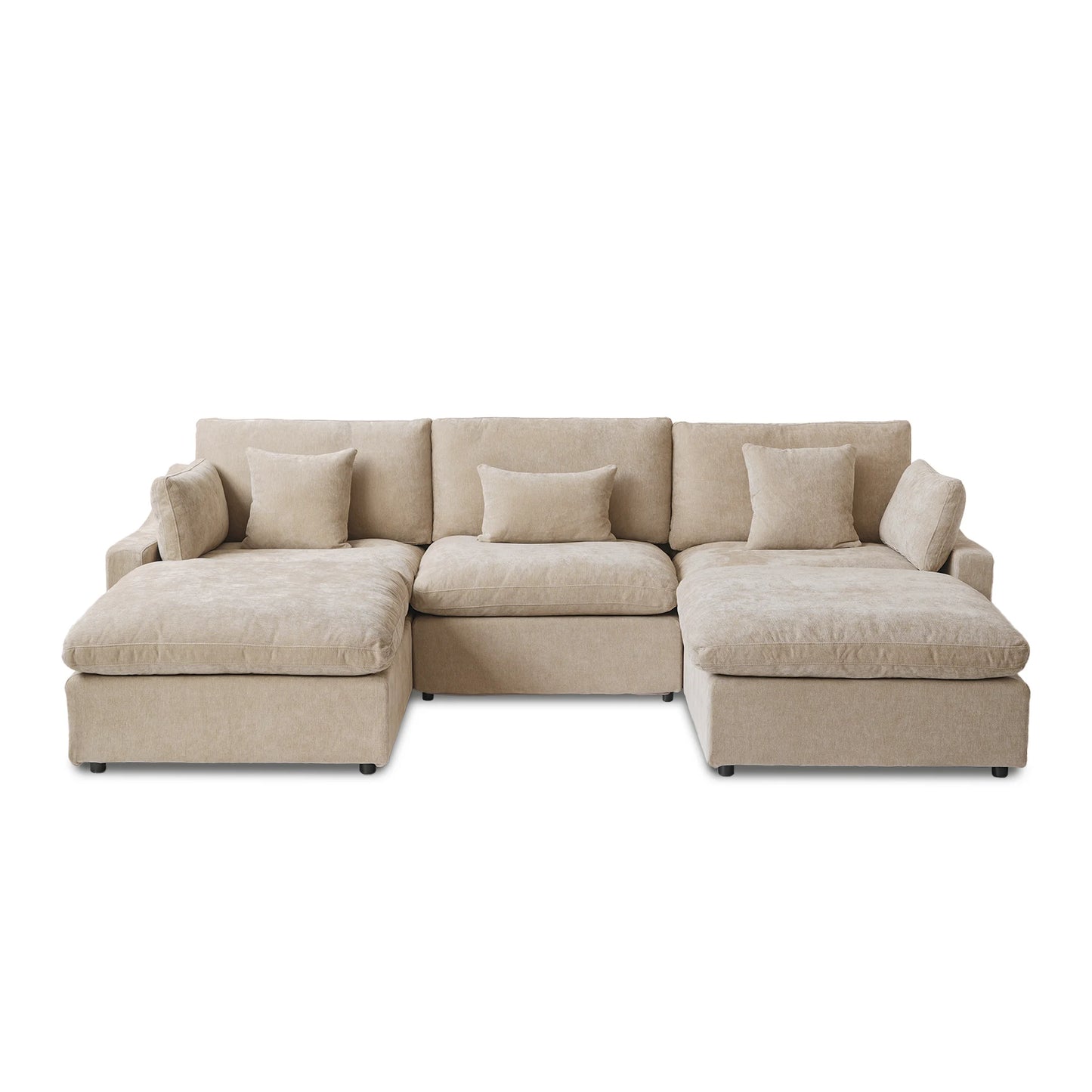 Deluxe Slope Cloud Sectional Sofas | 5-Piece Linen Khaki U-Shaped Sectionals 3-Seater With 2 Ottomans
